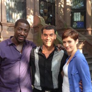 Jacky Ido John Bianco and Chyler Leigh On the set of Taxi Brooklyn