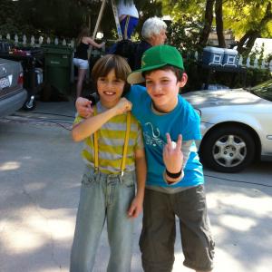 Jay Jay Warren (young Kevin) and Jack Coughlan (young Fred) on the set of 