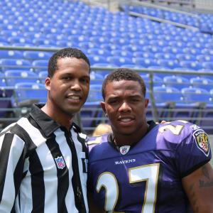 Altorro Prince Black and the Baltimore Ravens' Ray Rice while filming a commercial for BGE