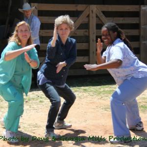 Goofing off on the set of McKenzie Farms with Heather Place and Kelita Simone