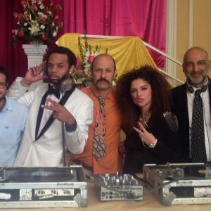 Sheila Vand, Jonathan Kesselman, MC Tehran, Maz Jobrani, Tara Grammy, Amir Ohebsion on set of Jimmy Vestvood