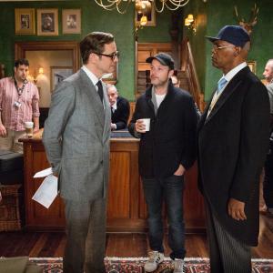 Still of Colin Firth, Samuel L. Jackson, Matthew Vaughn, Sofia Boutella, Secret Service and Taron Egerton in Kingsman. Slaptoji tarnyba (2014)