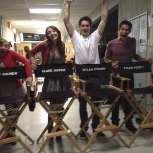 On the set of MTV's Teen Wolf. Lily Bleu Andrew, Claire Bryétt Andrew, Dylan O'Brien, Tyler Posey