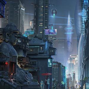 Futuristic city, where old part meets the new, high-tech zone.