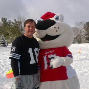 Randy Brown as Bronski Dad and Chad Racette as the Polar Bear Mascot on the set of Petes Christmas