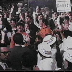 BEFORE RFK'S FINAL SPEECH THE SOUNDS OF TIME AMBASSADOR HOTEL JUNE 4-5TH 1968. THE SOUNDS OF TIME IN ORANGE SWEATERS ON THE FLOOR OF THE EMBASSY BALLROOM.