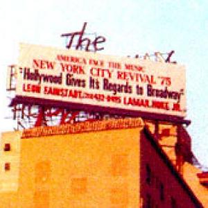 NY CITY REVIVAL HOLLYWOOD GIVES HER REGARDS TO BROADWAY SUNSET AND VINE 1975. BILLBOARDS SUPPORTING NY CITY IN HER HOUR OF NEED.