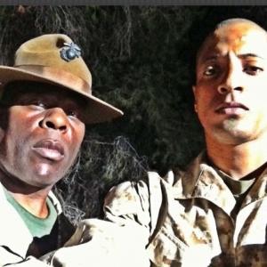 David Terrell as Staff Sgt. Raynor with Adam Rennie as Simon on the set of Initiation.
