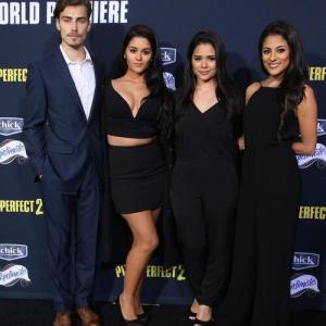 Carmela Zumbado, Marisela Zumbado, Gigi Zumbado, and Conor Hosford attend the world premiere of Pitch Perfect 2.
