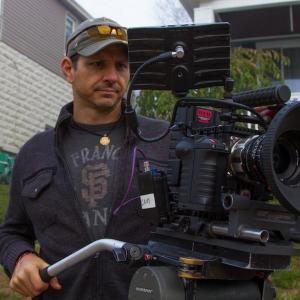 Travis Fox running second unit camera on set of The Umbrella Man film