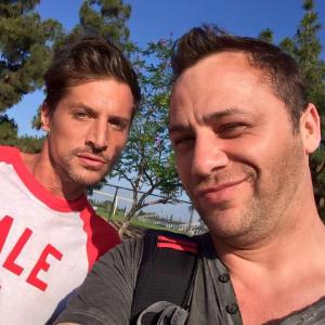 with co star Simon Rex on the set of Halloweed