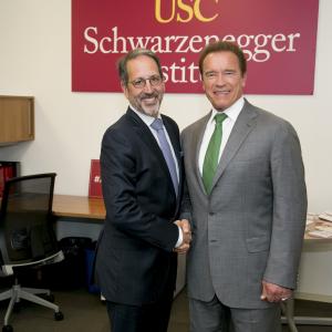 Jay Famiglietti and Gov Arnold Schwarzenegger at water forum at USC May 7 2015