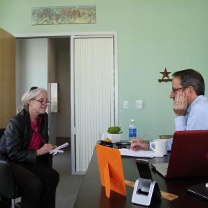 New York Times environment reporter Felicity Barringer interviewing Jay Famiglietti at UC Irvine, April, 2011.
