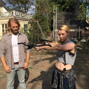 Nicole Tompkins and Kaiwi Lyman on set of Amityville Terror