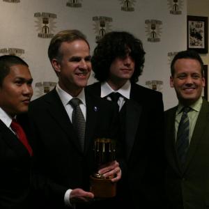 Dante Basco (l), Jack De Sena (3rd from l), Dee Bradley Baker (r) present Harley Jessup with the award for feature production design.