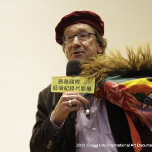 Stephen Silha with James Broughtons cape at QA Chiayi City International Art Documentary Film Festival Taiwan