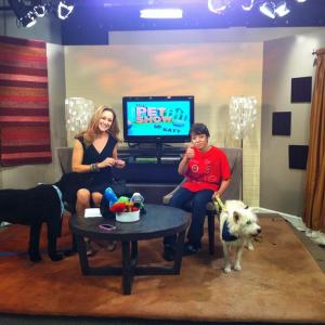 Sean on set with DrKaty  ABC Pet Show and his dog Coco