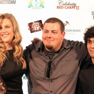 Andrew posing on the red carpet with actress Kati Zaylor and composer Nestor Estrada at the 2014 Los Angeles 48 Hour Film Projects Best of LA screening where Press COOK 2014 screened