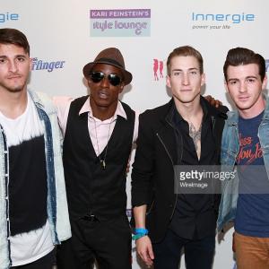 LOS ANGELES, CA - FEBRUARY 19: (L-R) Zane Hijazi, guest, actor Talon Reid and actor/singer Drake Bell attend Kari Feinstein's Style Lounge presented by Painted by Kameco at the Andaz West Hollywood on February 19, 2015 in Los Angeles, California.