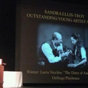 Lucia Vecchio accepting her Best Young Artist award from the San Diego Critics Circle for Diary of Anne Frank