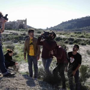 Sergi Lafuente, Alberto Ojeda Muñoz, Inma Bernal, Juan Poveda and Pedro J. Poveda shooting The Purple Elephants' music video for the song 'We Will Ride The Moon Until The End'.