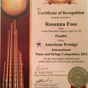 Rosanna was honored to open 3 hours breathtaking concert and being a Finalist of American Protege International Piano and Strings Competition 2015 in Carnegie Hall She is the youngest of ONLY 36 young and very talented musicians from around the world