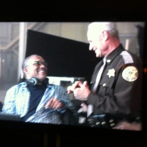 Dialect coach Jerome Butler and Matt Riedy on set at The Judge