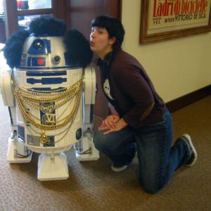 Bonnie Burton kisses R2-D2 dressed as Mr. T at Lucasfilm.