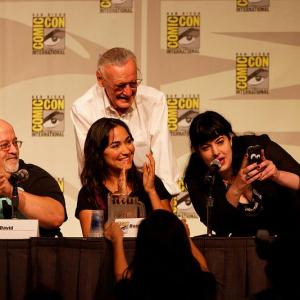Bonnie Burton on stage at Comic-Con with Stan Lee and America Young.