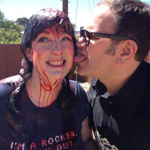 Bonnie Burton with The Middleman producerwriter Javier GrilloMarxuach on the set of Geek DIY for Fake Blood Fun episode