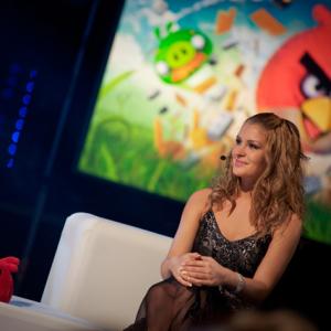 Pia Lamberg representing as Miss Finland 2011 with Angry Birds at the Unicef Gala 2011
