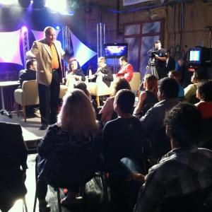 Mike warming up the studio audience before a taping of Michianas Rising Star