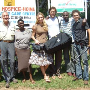 The Okuyamba film crew on location at Little Hospice Hoima, Uganda. L to R: Mike Wargo, Rose Kiwanuka, Michelle Carlisle Lee, Mike Lee, Mugisha (