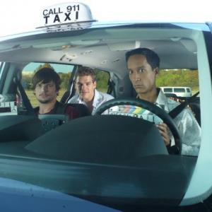 Michael Trotter, Preston Jones, and Danny Pudi on set of the Paramount comedy, Road Trip: Beer Pong