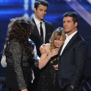 Still of Simon Cowell, Steve Jones, Melanie Amaro and Drew Ryniewicz in The X Factor (2011)