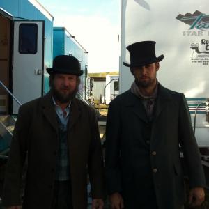 On the Hell On Wheels set outside our trailers, waiting for our call. With my fellow dead rabbit Kris McLeod.