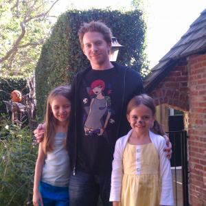 Mykayla and sister Hannah on the set of Halfway to Halloween with Seth Green