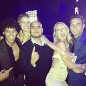 Actor Michael Viruet (left) with co-stars Alexis Knapp, Anna Camp, and Skylar Astin and publicist Charles Figueroa at the Pitch Perfect after party at Lure Hollywood