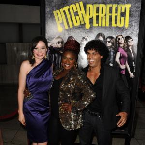 Actor Michael Viruet with costars Ester Dean and Shelly Regner at the red carpet world premiere of Pitch Perfect