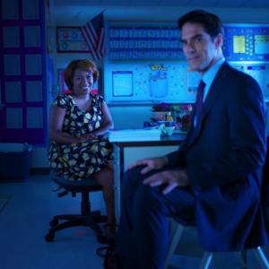 Stacie Greenwell Ms McKee on the set of CRIMINAL MINDS with Thomas Gibson Agent Hotchner