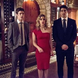 Still of Brandon Routh Grant Gustin and Emily Bett Rickards in The Flash 2014