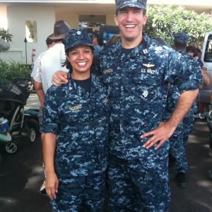 Behind the scenes during taping of Hawaii 5-0. Kim playing the role of Navy Psychiatrist, Dr. Klesko. Season 1 - 