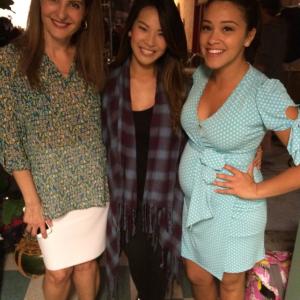Jessica on the set of Jane the Virgin with Golden Globe Winner Gina Rodriguez and the amazingly comical Nia Vardalos