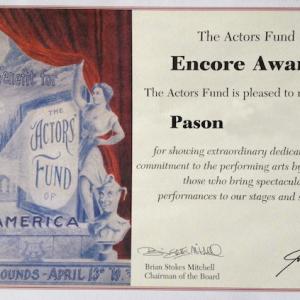 Pason Encore Award from The Actors Fund for showing extraordinary dedication  commitment to the performing arts