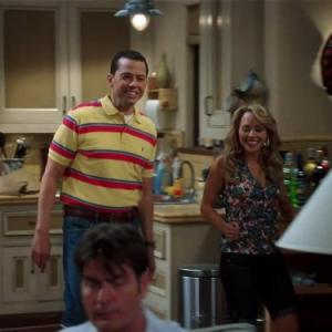 Still of Charlie Sheen, Jon Cryer and Kelly Stables in Two and a Half Men (2003)