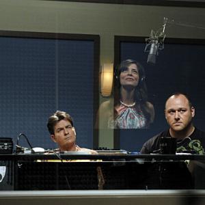 Still of Charlie Sheen Will Sasso and Emmanuelle Vaugier in Two and a Half Men 2003