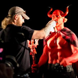 Make up artist Johnny Collins adding the finishing touches to The Devil in Fuzz on the Lens Productions short, 