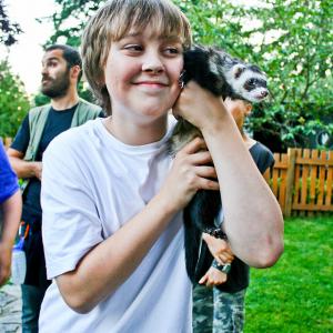 Behind the scenes still of Connor Stanhope and Falcor the Ferret on set of Jake  Jasper A Ferret Tale