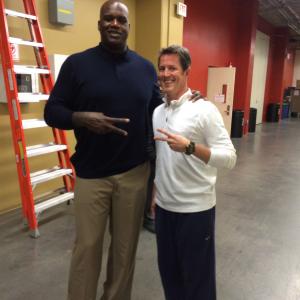 Kicking it with Shaq during a commercial shoot