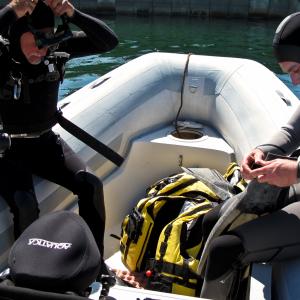 Chris Siracuse and Bob Talbot getting ready for a dive on the production of Otter 501